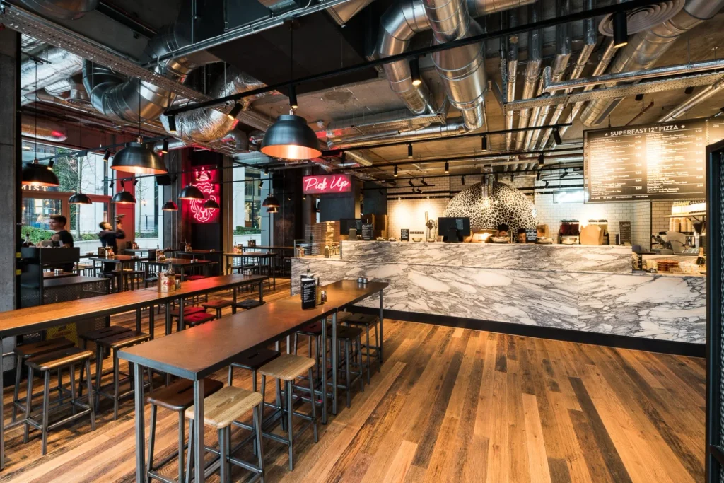 Counter and seating inside Pizza Union Hoxton